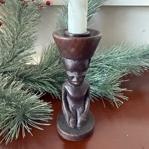 Vintage African Hand Carved brown solid Wood Candle Stick holder